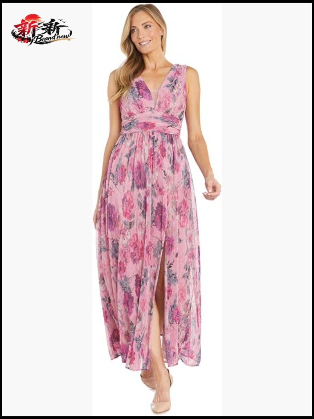 Crinkle Pleated Floral Maxi Dress Illusion V-Neck Side Slit Sleeveless